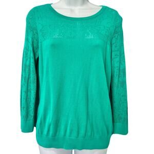 H&M Teal Lace Detail Yoke 3/4 Sleeve Knit Top Light Sweater size M Cotton Blend